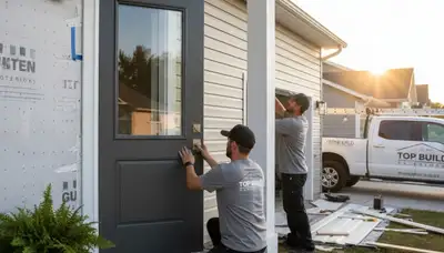 Vinyl siding and door repair specialists working on a Dallas TX home exterior renovation
