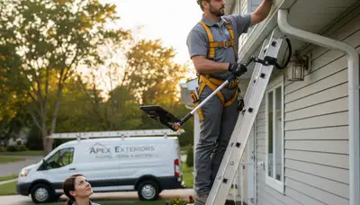 Technician performing gutter inspection on vinyl siding home in Dallas, TX