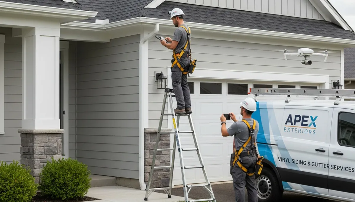 Technician performing gutter inspection on Dallas TX home exterior by Next Level Exteriors