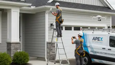 Technician performing gutter inspection on Dallas TX home exterior by Next Level Exteriors
