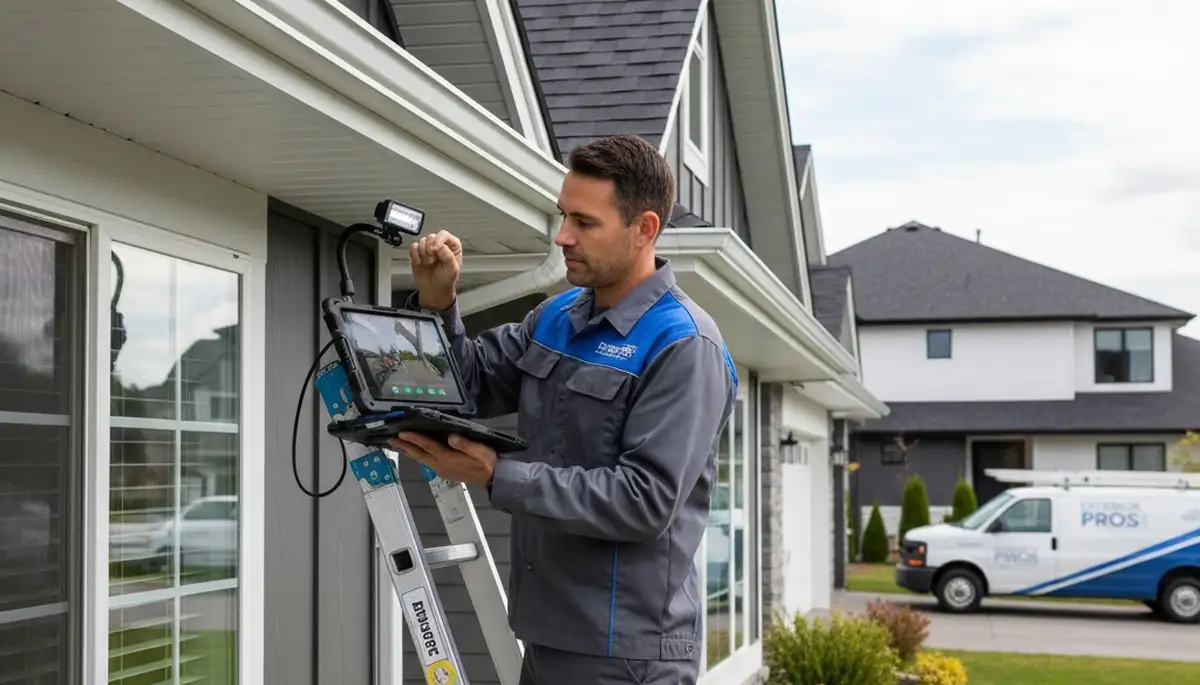 Technician performing gutter inspection on vinyl siding home in Dallas, TX