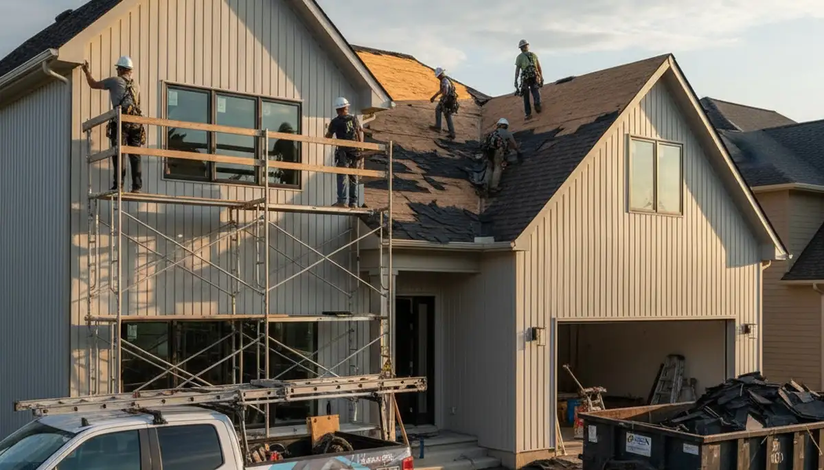 Roof replacement and vinyl siding experts working on a Dallas TX home exterior renovation