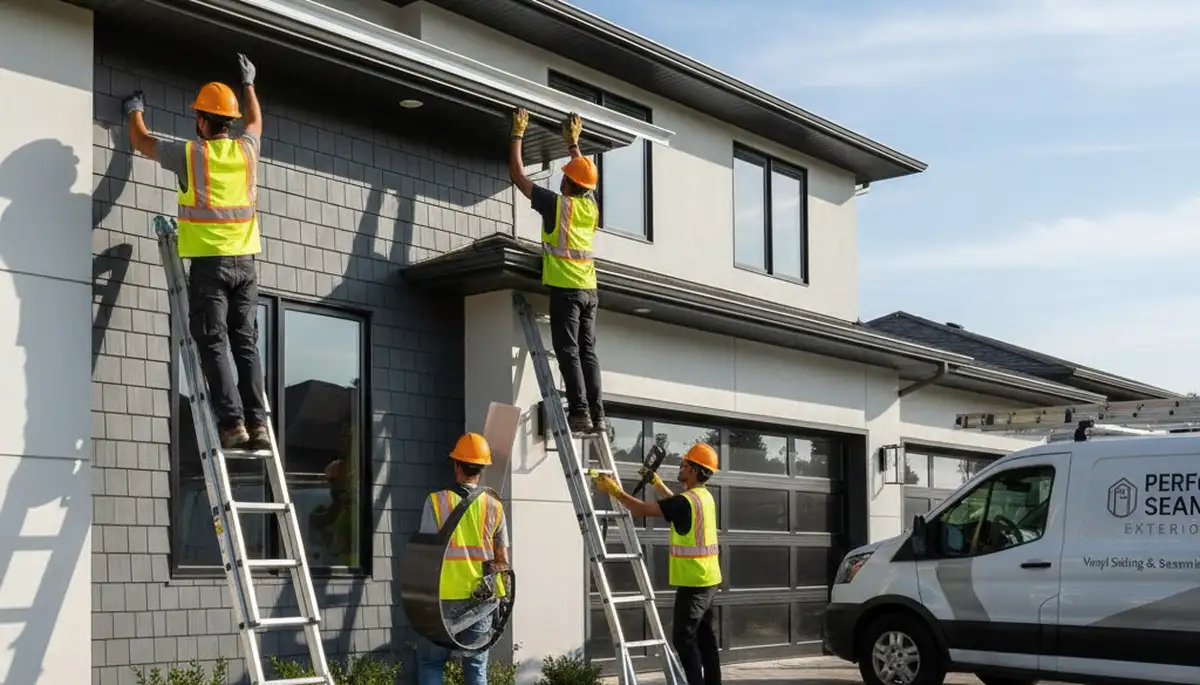 Seamless gutter installation on Dallas TX home by local vinyl siding and exterior experts
