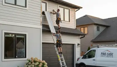 Technician repairing damaged vinyl siding on Dallas TX home exterior by Next Level Exteriors