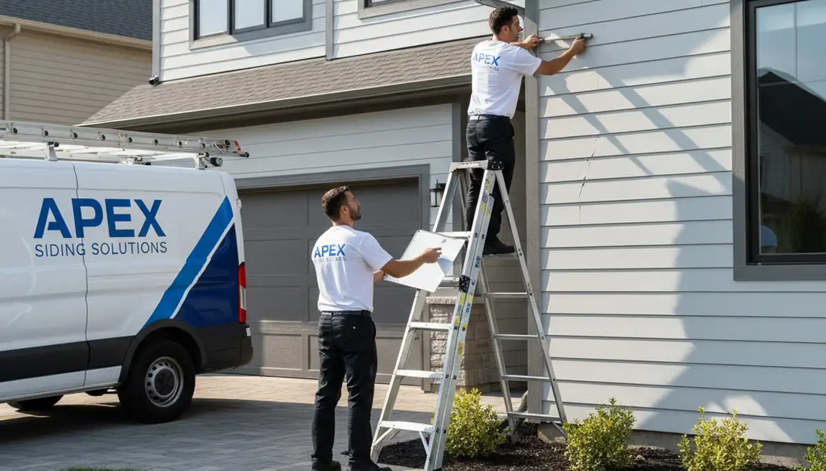 Technician repairing damaged vinyl siding on Dallas TX home exterior