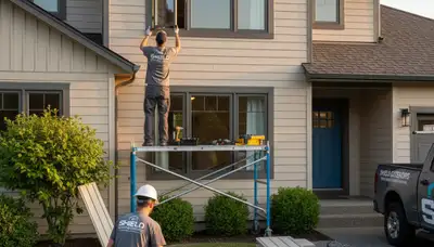 Technician repairing vinyl window frame at Dallas, TX home for Next Level Exteriors window repair service