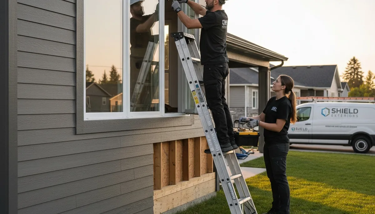 Technician repairing home window frame with new vinyl siding in Dallas, TX