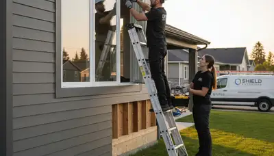 Technician repairing home window frame with new vinyl siding in Dallas, TX