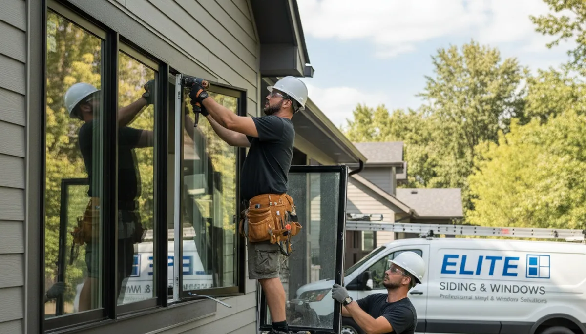 Technician repairing home window frame near vinyl siding in Dallas, TX