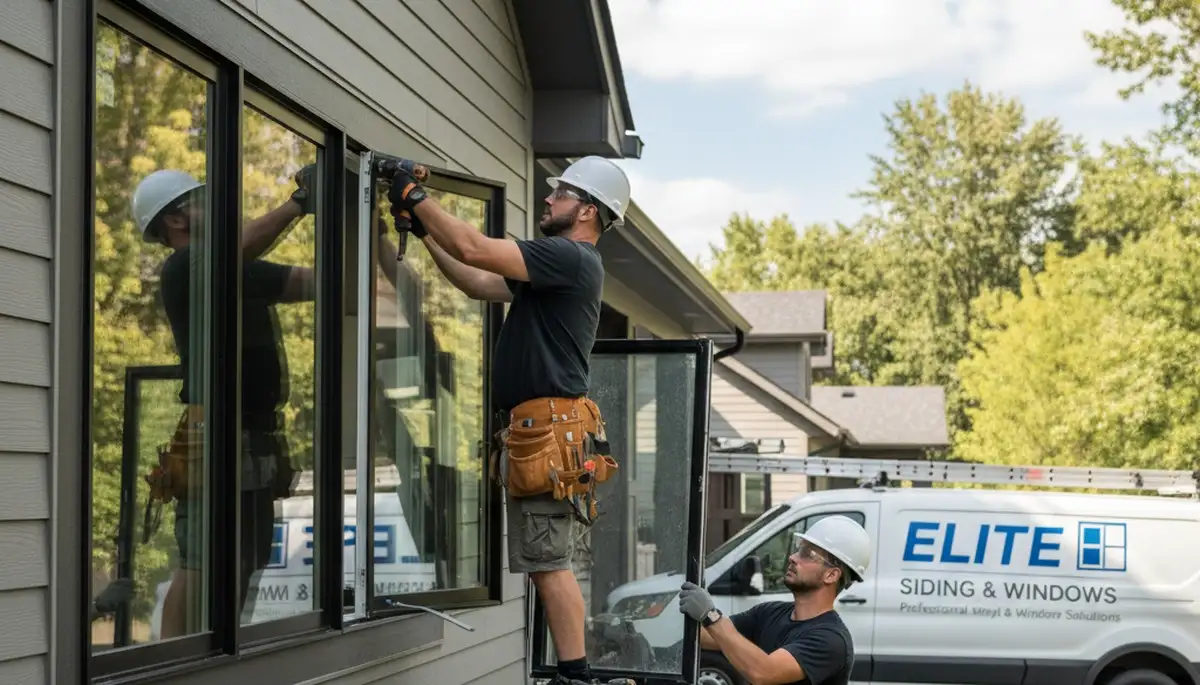 Technician repairing home window frame near vinyl siding in Dallas, TX